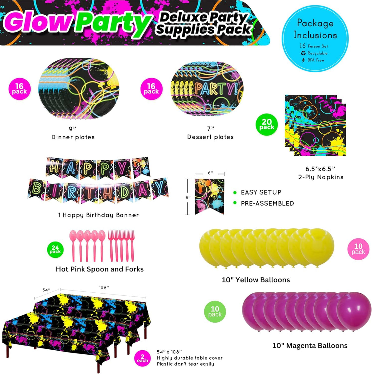 Blue Orchards Glow Deluxe Party Packs (70+ Pieces for 16 Guests!), Glow Party Supplies