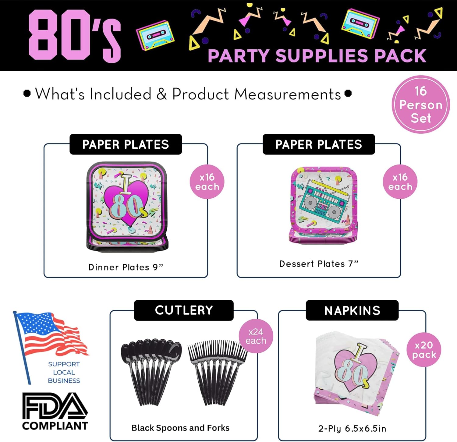 80s Party Supplies Packs (100 Pieces for 16 Guests)