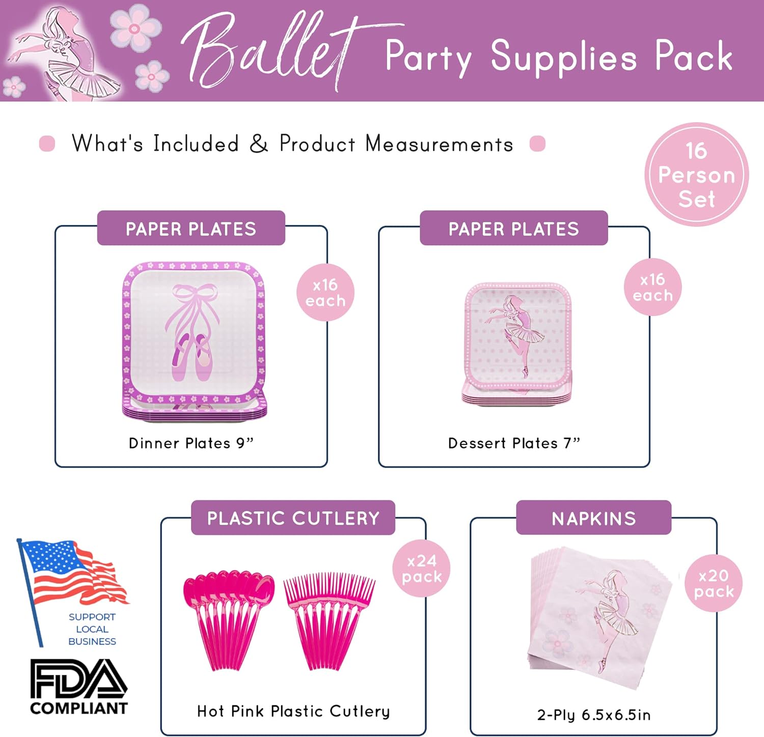Ballet Party Supplies Packs (100 Pieces for 16 Guests)