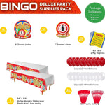  Bingo Party Pack includes 16 bingo paper dinner plates, 16 paper dessert plates, 20 bingo napkins, 10 red balloons, 10 white balloons, 2 bingo plastic tablecovers, 24 red plastic forks, and 24 red plastic spoons.