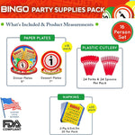 Bingo Party Pack (serves 16) includes 16 paper 9-inch dinner plates, 16 7-inch paper dessert plates, 20 paper lunch napkins, plastic forks, and plastic spoons!