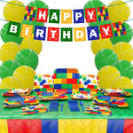 Brick Deluxe Party Supplies Packs (Serves 16) includes 16 dinner plates, 16 dessert plates, 20 fun lunch napkins, 1 birthday banner, 24 balloons, 10 Green balloons, 10 yellow balloons, 2 plastic table covers, 24 blue plastic forks, and 24 blue plastic spoons!