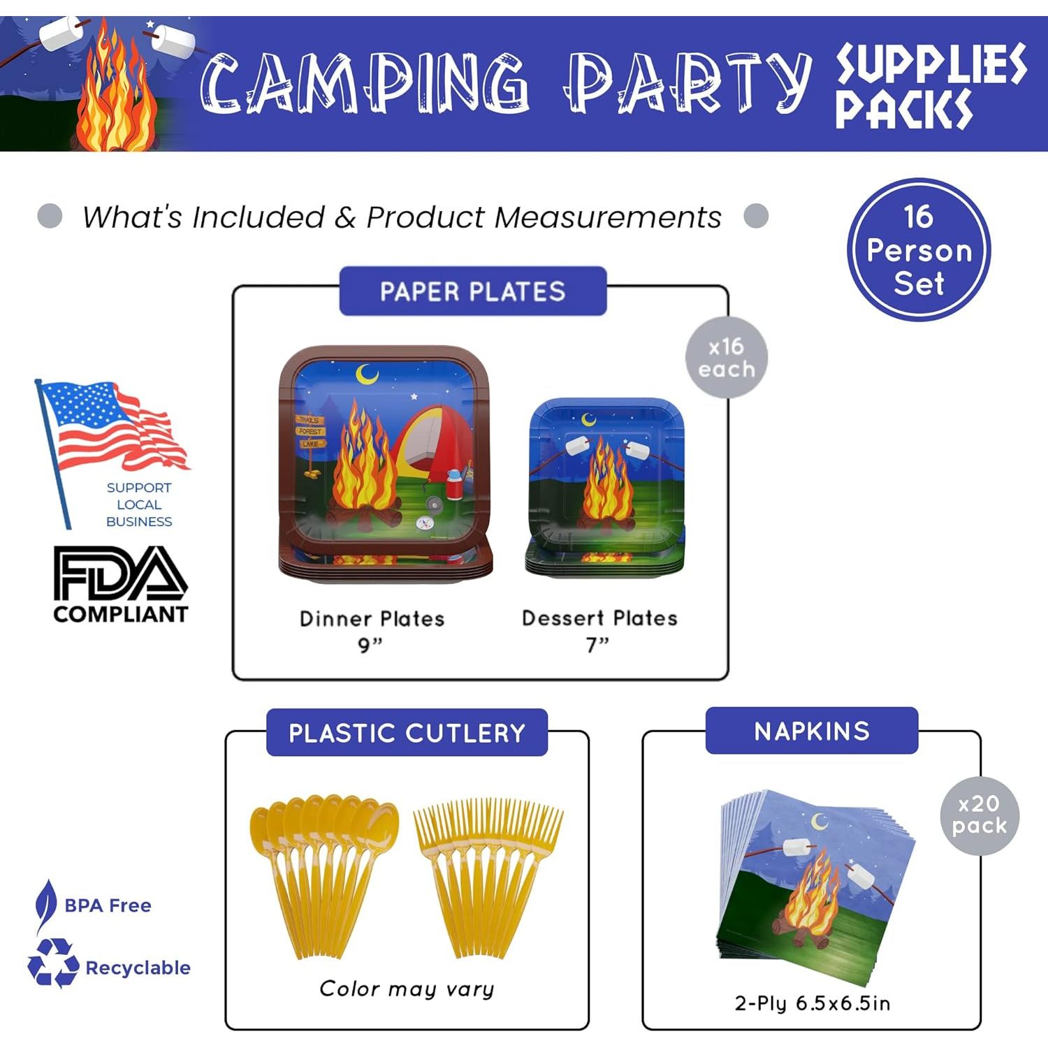 Camping Party Supplies Packs (100 Pieces for 16 Guests)