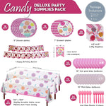Candy Deluxe Party Supplies Packs (Serves 16) includes 16 9-inch paper dinner plates, 16 7-inch paper dessert plates, 20 paper lunch napkins, 1 Happy Birthday Banner, 2 108” x 54” plastic table covers, 10 pink balloons, 10 hot pink balloons, 24 hot pink plastic forks, and 24 hot pink plastic spoons.