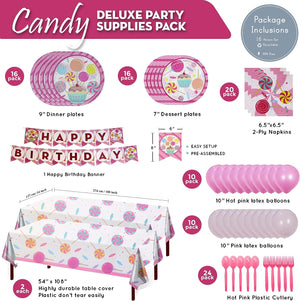 Candy Deluxe Party Supplies Packs (Serves 16) includes 16 9-inch paper dinner plates, 16 7-inch paper dessert plates, 20 paper lunch napkins, 1 Happy Birthday Banner, 2 108” x 54” plastic table covers, 10 pink balloons, 10 hot pink balloons, 24 hot pink plastic forks, and 24 hot pink plastic spoons.