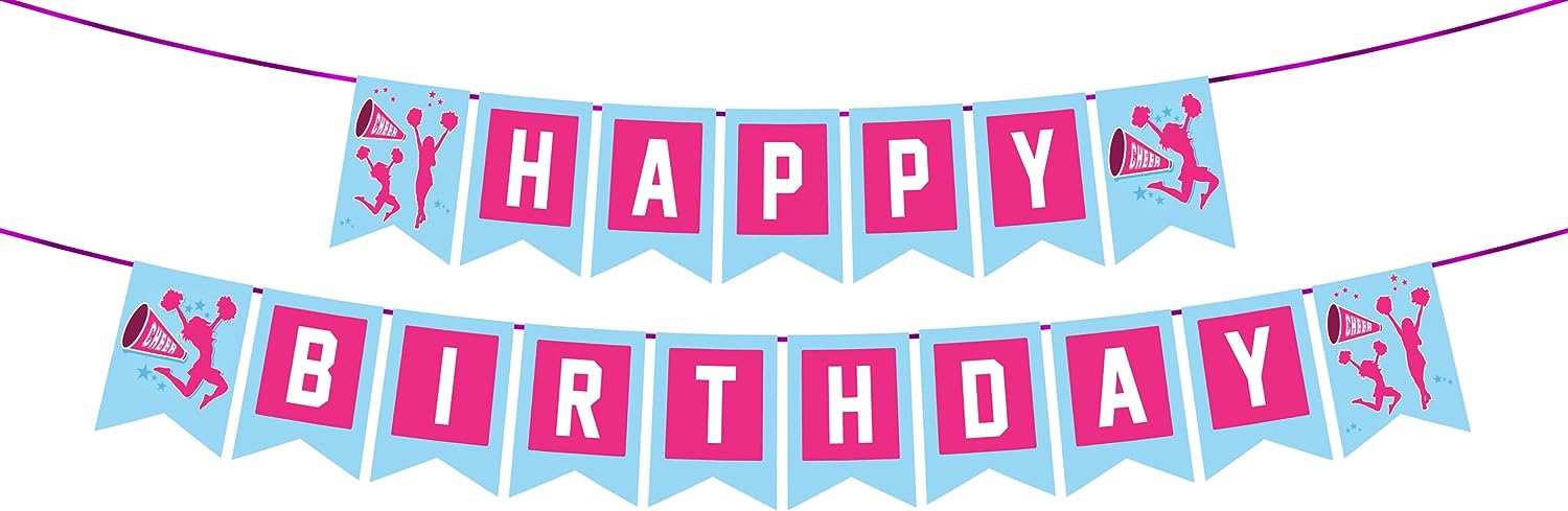 Cheerful and vibrant cheerleading-themed happy birthday banner, a fantastic addition to any celebration to honor the special day with a burst of energy and team pride.