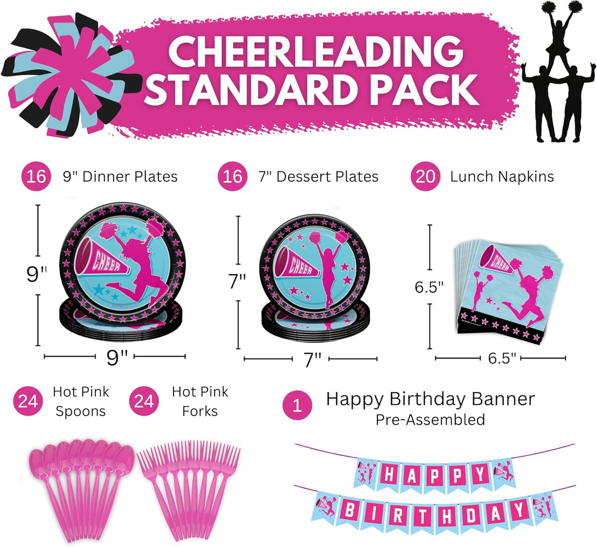 Cheerleading Party Supplies Packs (For 16 Guests) – Blue Orchards