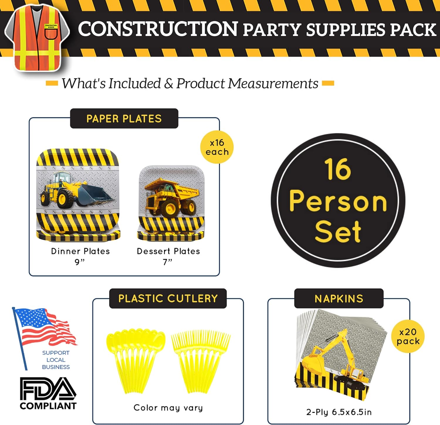 Construction Party Supplies Packs (For 16 Guests)