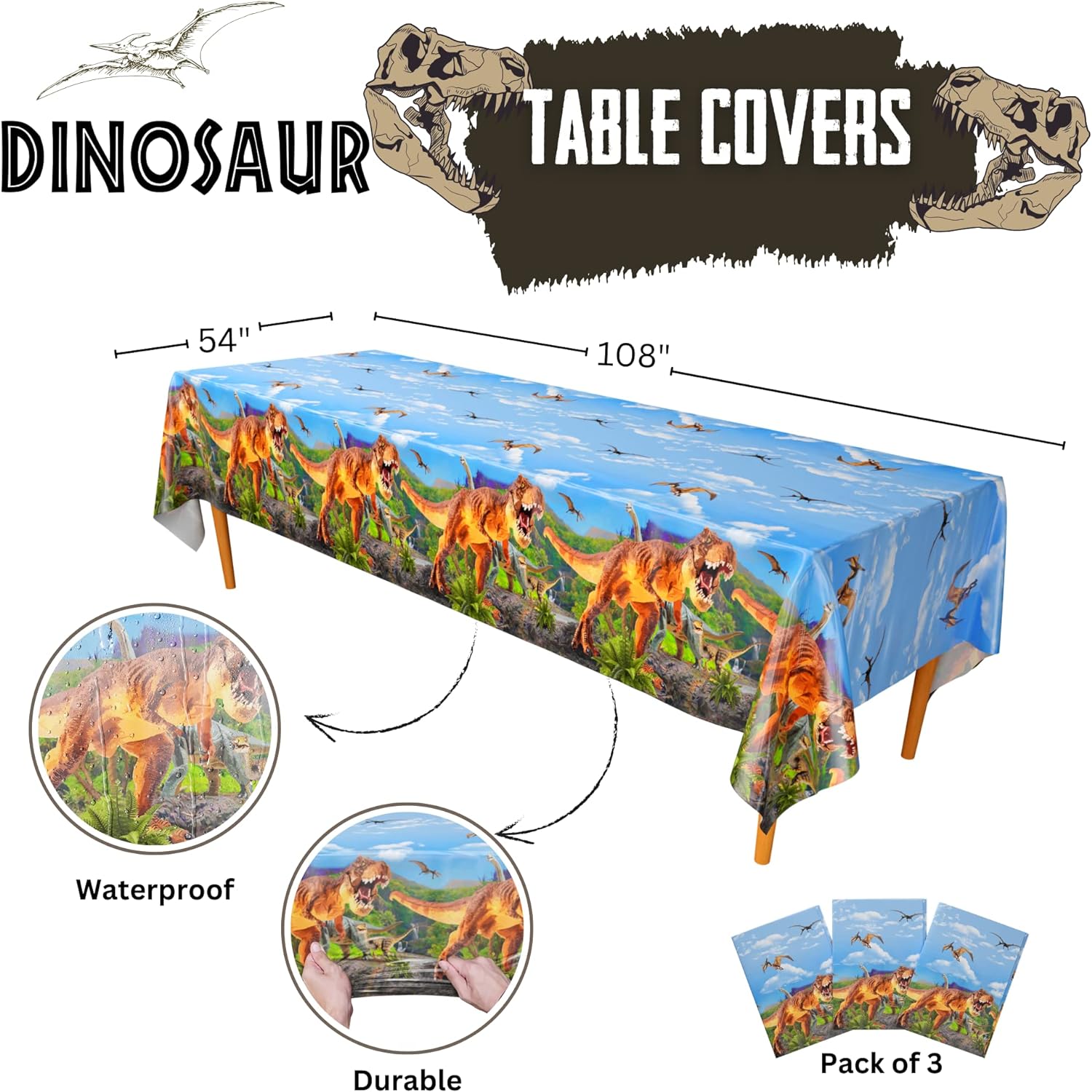Dinosaur Table Covers (Pack of 3) 108"x54" XL