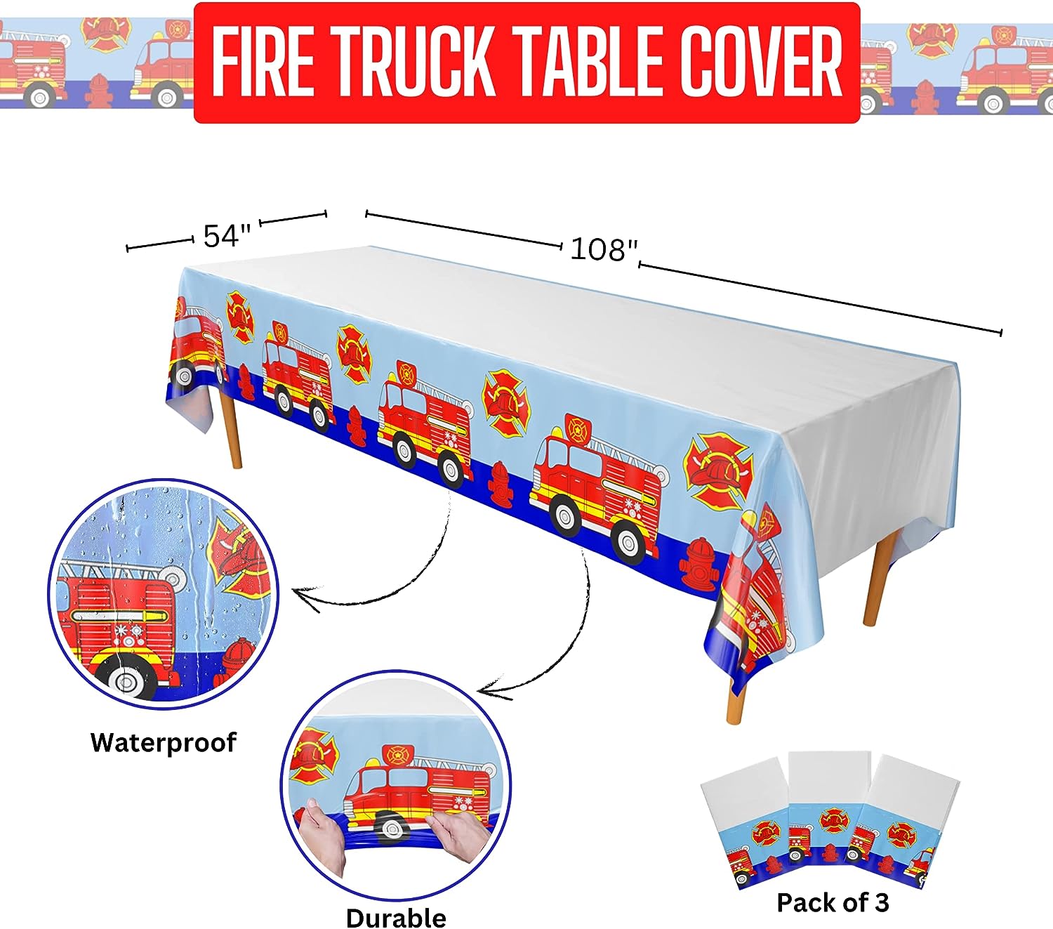 Fire Truck Print Plastic Table Covers - Waterproof and Durable