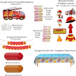 ALL IN ONE FIREFIGHTER PARTY DECORATIONS - Contains (2) Fire Truck Shaped Mylar Balloons - (1) Happy Birthday Banner - (1) Large Firefighter Table Covers - (8) Double Printed Firefighter Cutouts - (4) Red Single Swirls - (4) Orange Single Swirls - (3) Red Double Swirls - (3) Orange Double Swirls - 10 Red Balloons - 10 Orange Balloons - (40) Glue Dots.