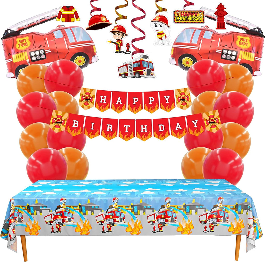 ALL IN ONE FIREFIGHTER PARTY DECORATIONS - Contains: Fire Truck Shaped Mylar Balloons - Happy Birthday Banner - Large Firefighter Table Covers - Double Printed Firefighter Cutouts - Red Single Swirls - Orange Single Swirls - Red Double Swirls - Orange Double Swirls - Red Balloons - Orange Balloons - Glue Dots.