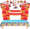 ALL IN ONE FIREFIGHTER PARTY DECORATIONS - Contains: Fire Truck Shaped Mylar Balloons - Happy Birthday Banner - Large Firefighter Table Covers - Double Printed Firefighter Cutouts - Red Single Swirls - Orange Single Swirls - Red Double Swirls - Orange Double Swirls - Red Balloons - Orange Balloons - Glue Dots.