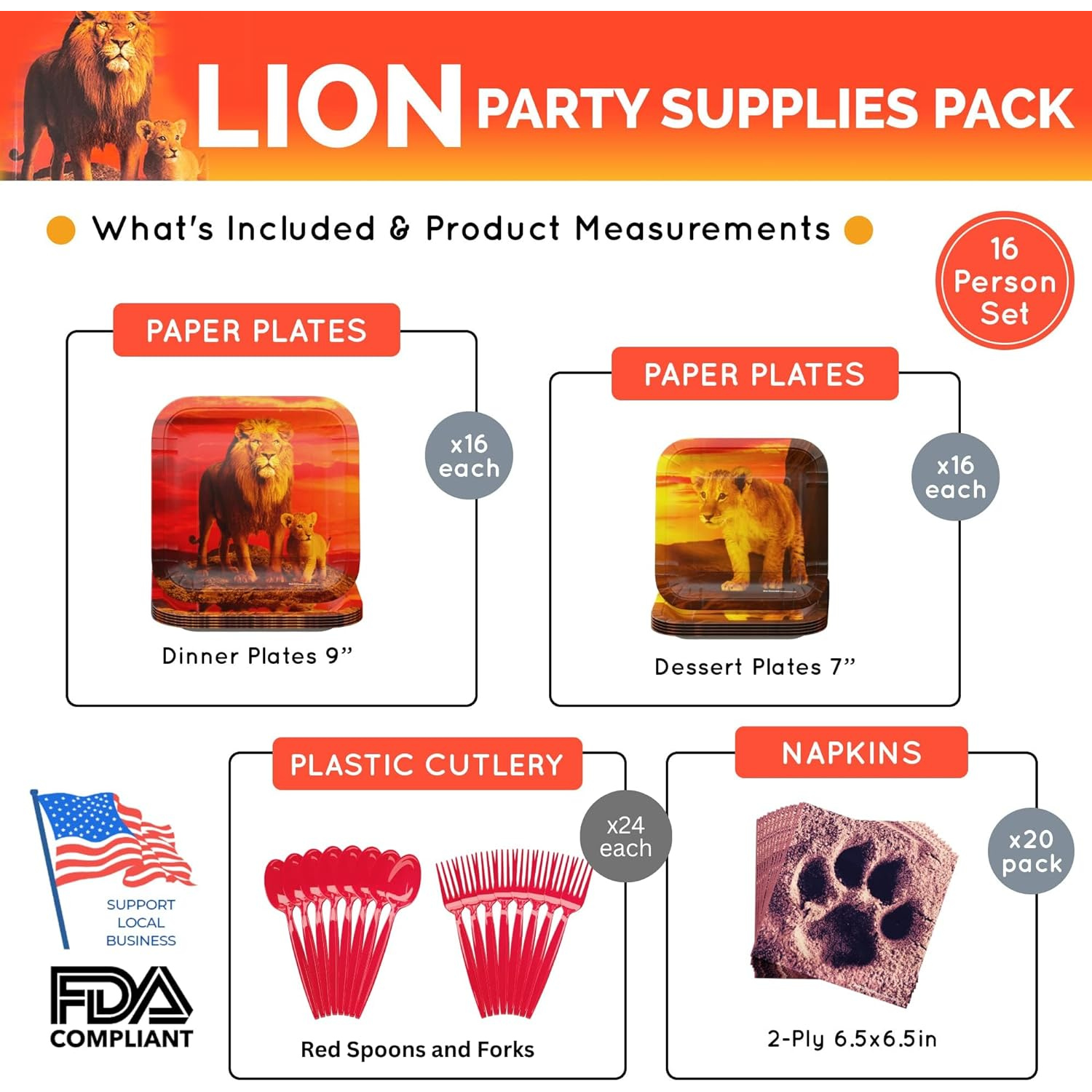 Lion Party Supplies Pack (100 Pieces for 16 Guests)