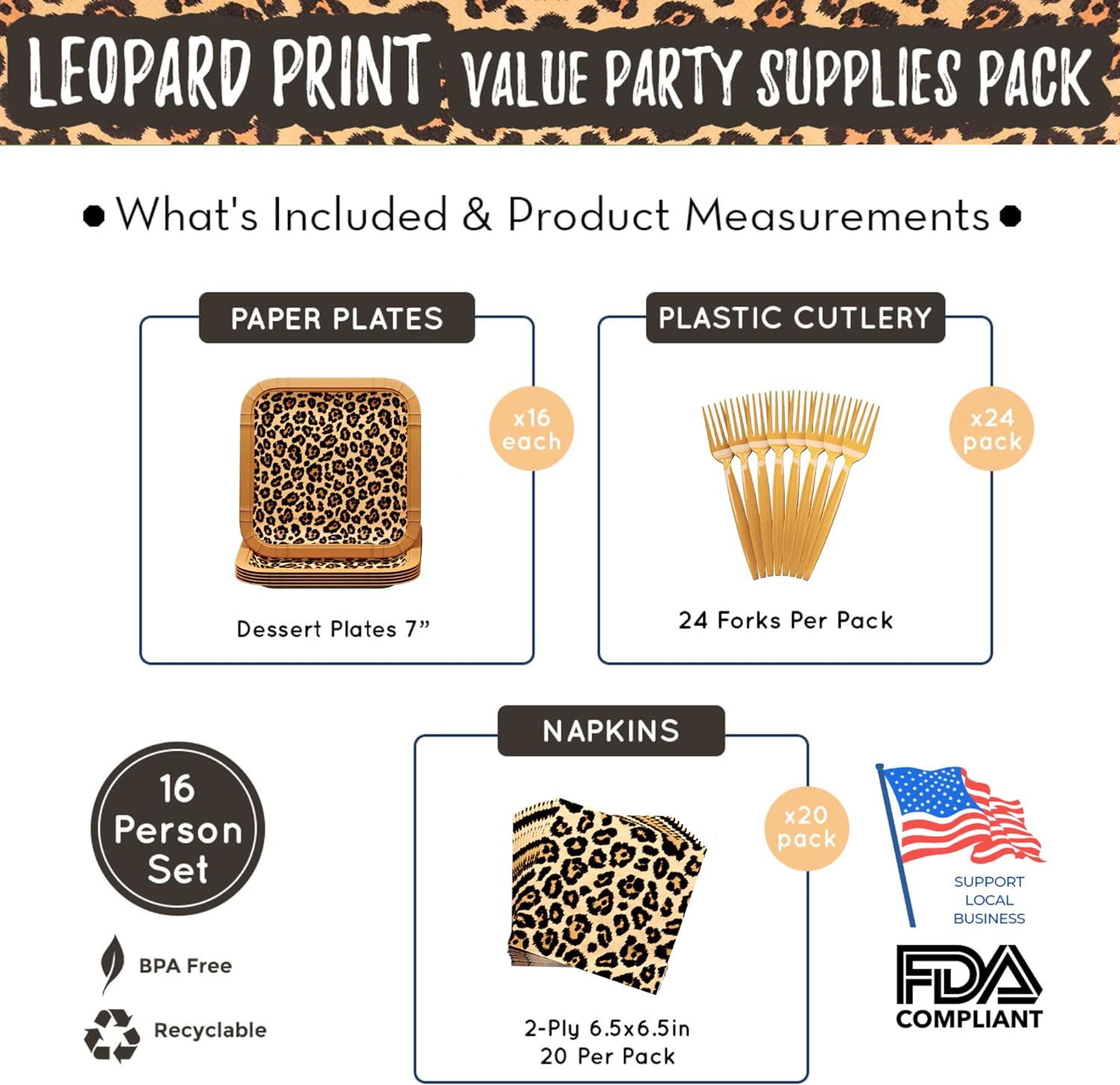 Leopard Print Value Party Supplies Packs (For 16 Guests)
