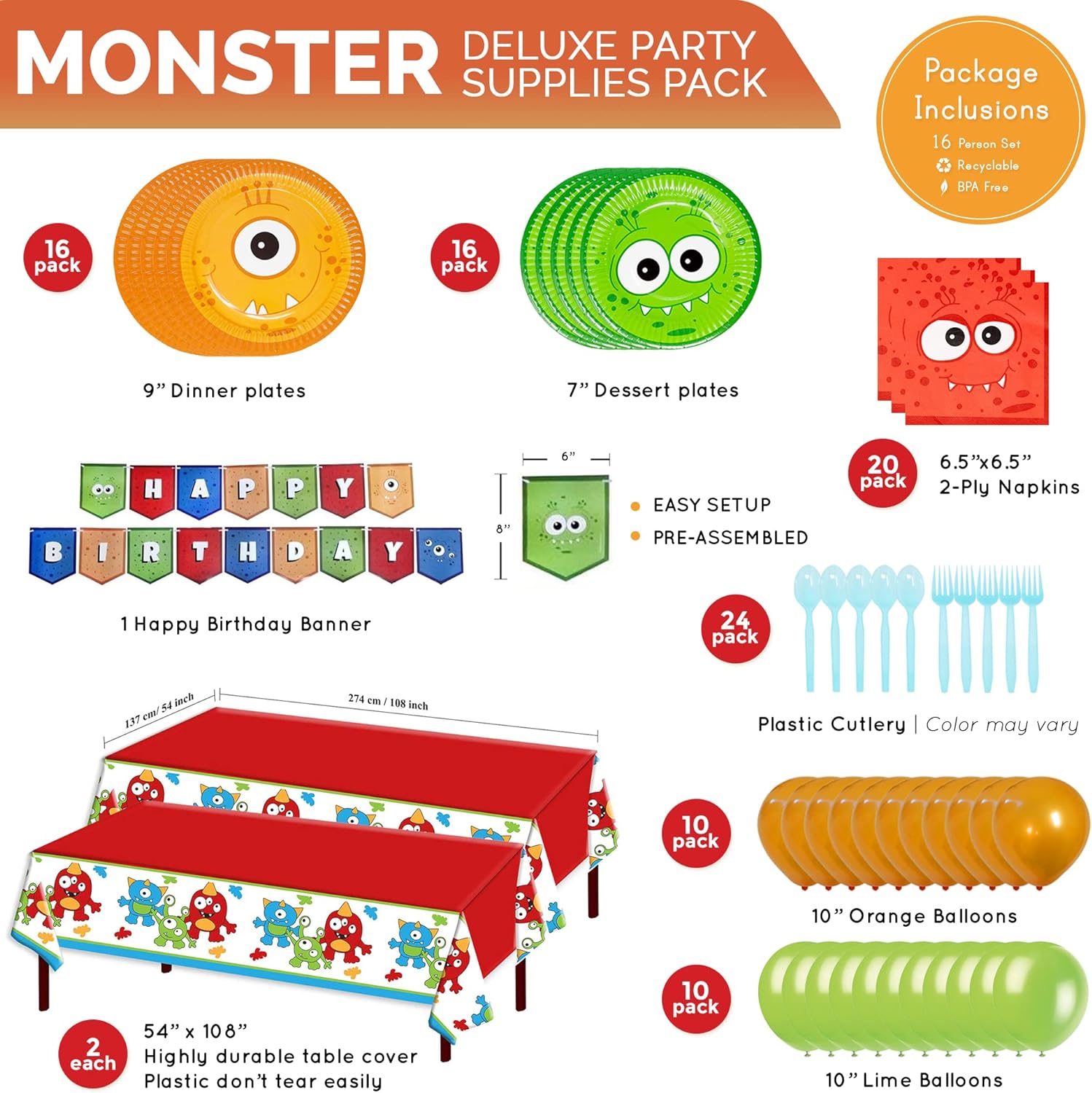 Monster Deluxe Party Supplies Packs (For 16 Guests)