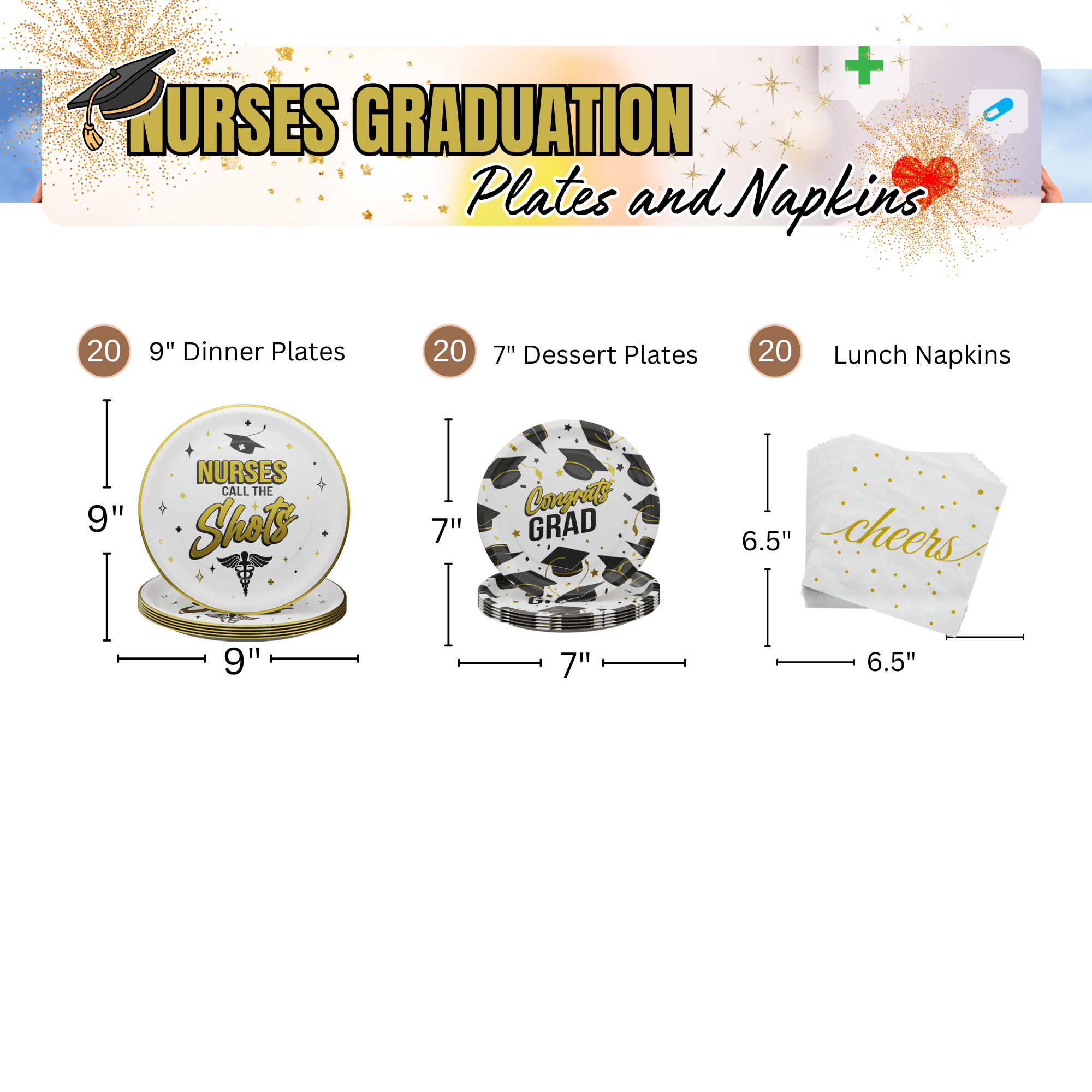 Nurses Graduation Plates and Napkins Pack (60 Pieces for 20 Guests)