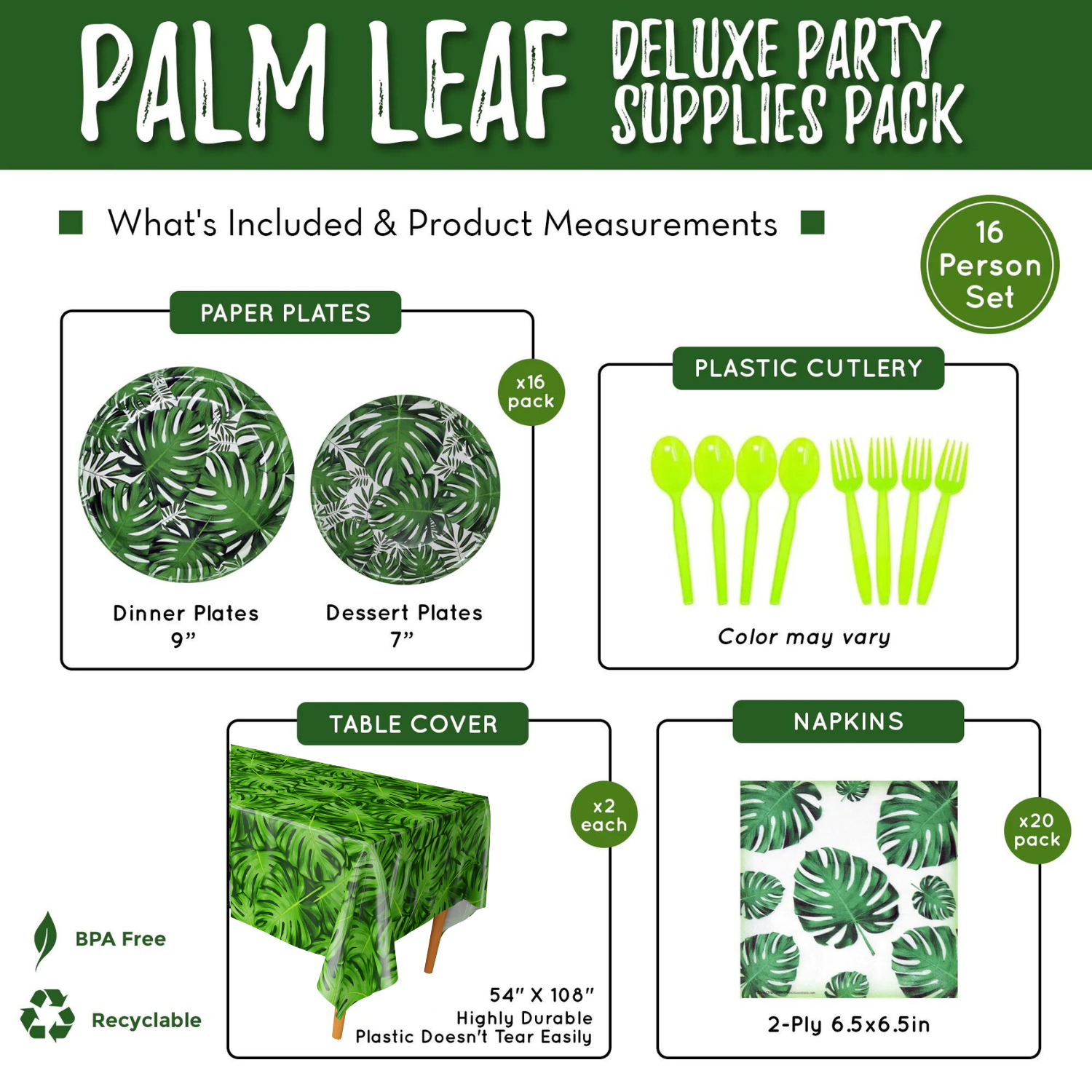Palm Leaf Deluxe Party Supplies Packs (For 16 Guests)