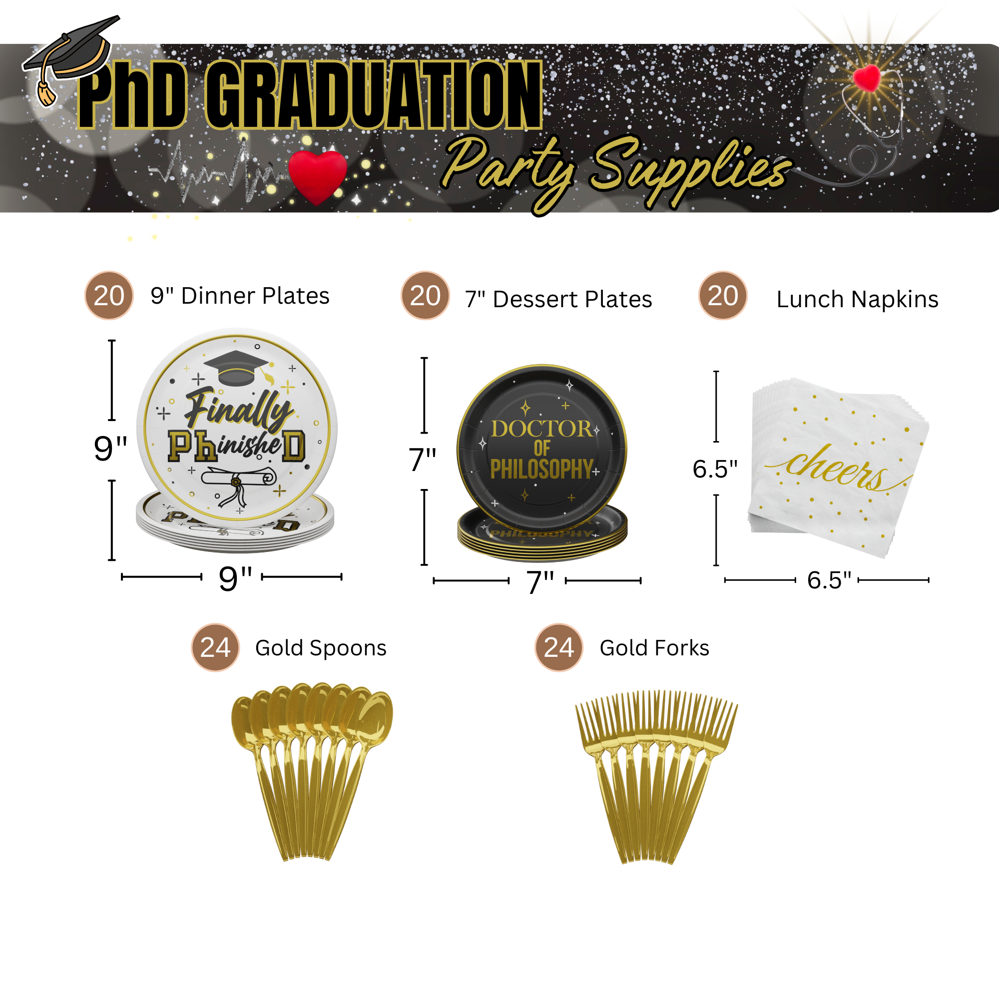 PhD Graduation Party Supplies (108 Pieces for 20 Guests)