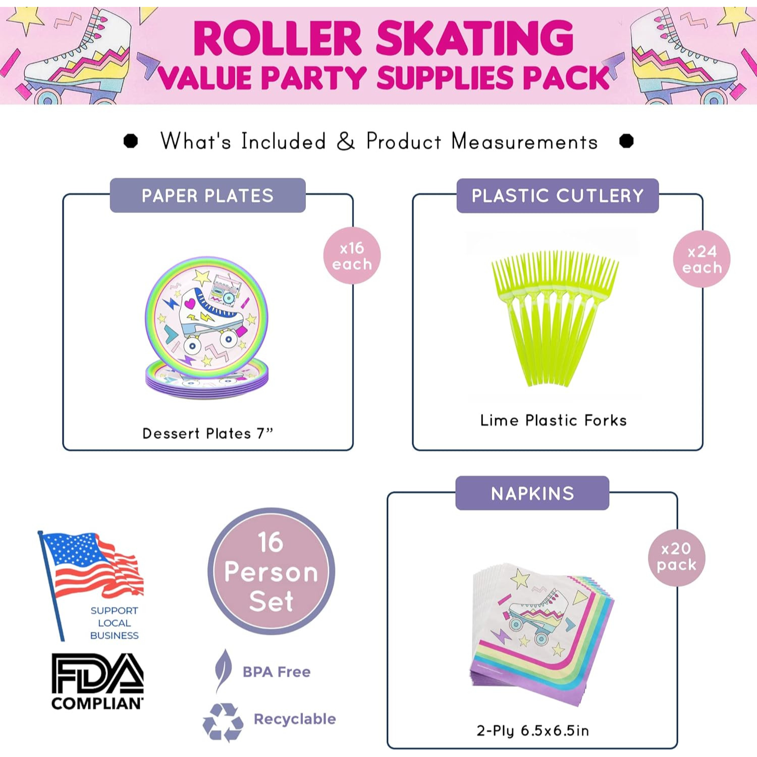 Roller Skating Value Party Supplies Packs (For 16 Guests)