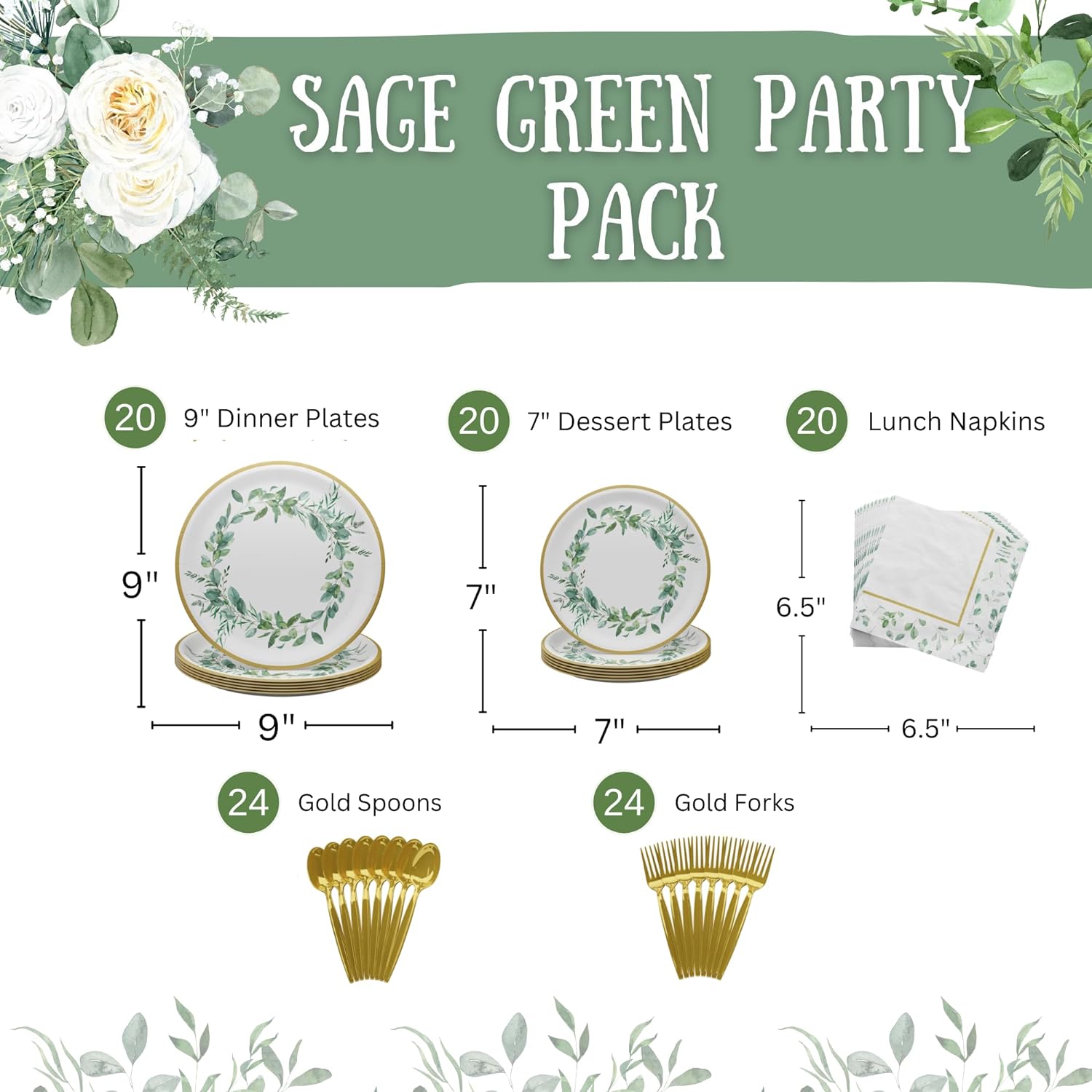 Sage Green Party Supplies (108 Pieces for 20 Guests)