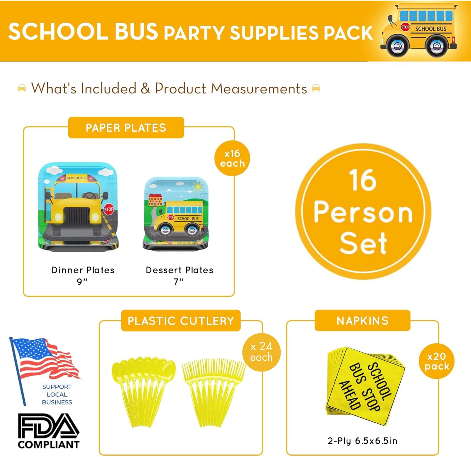 School Bus Party Supplies Packs (For 16 Guests)
