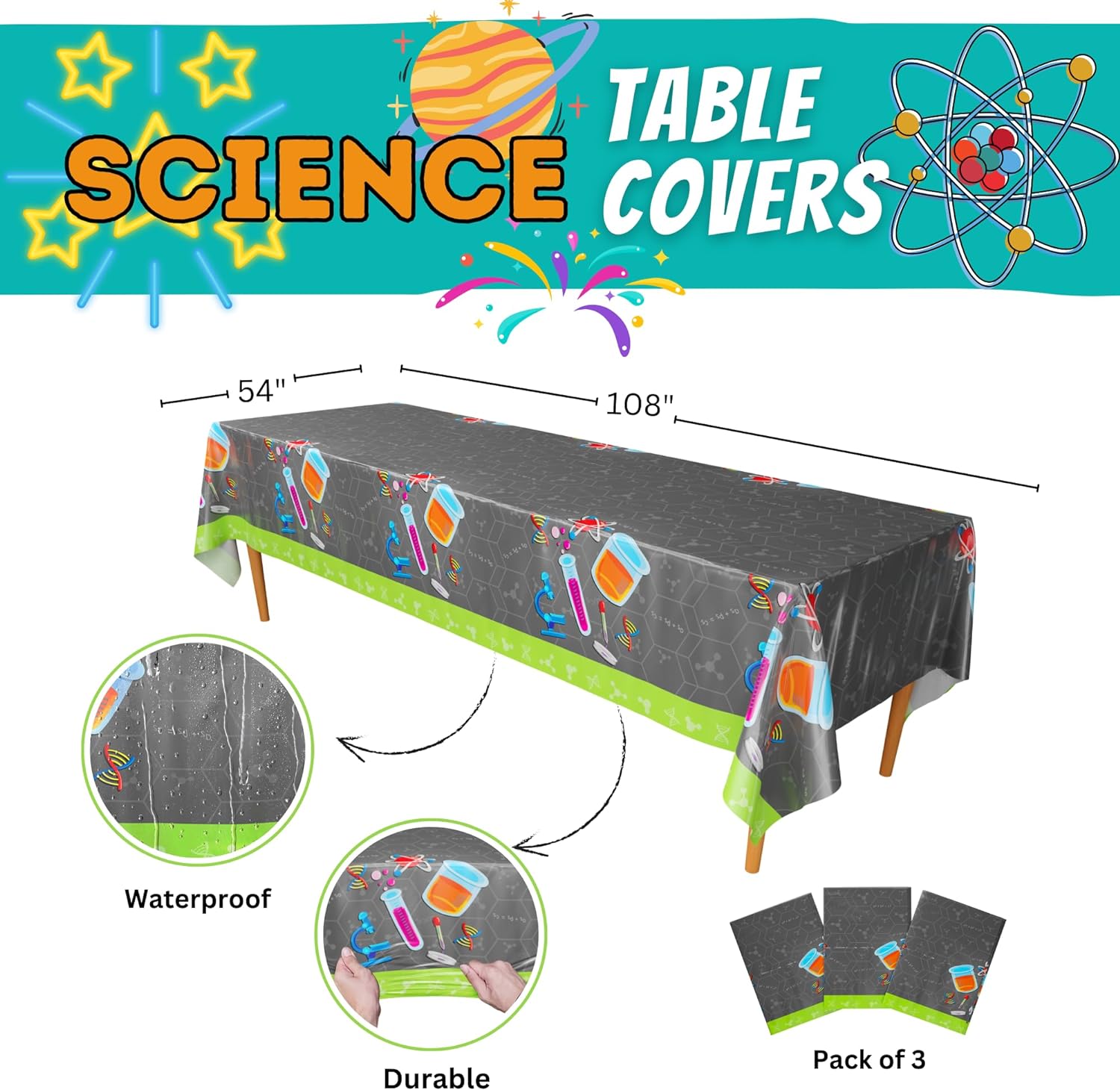 Science Party Table Covers - 54in x 108in (3 Pack)