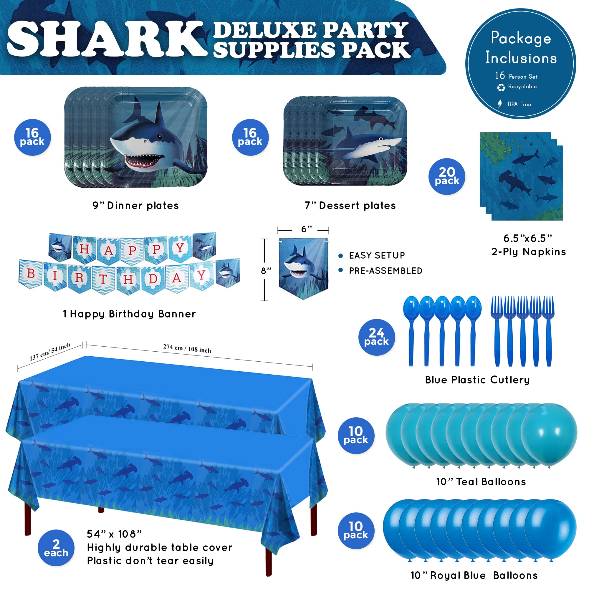 Shark Deluxe Party Supplies Packs (For 16 Guests)