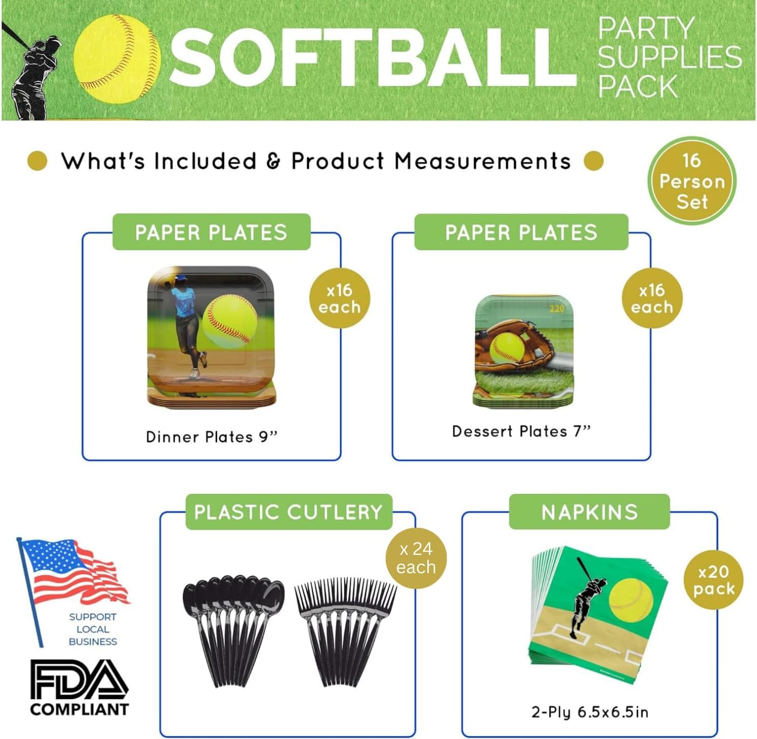 Softball Party Supplies Packs (For 16 Guests)