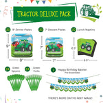 Tractor Deluxe Pack - Contains (20) 9" Dinner Plates - (20) 7" Dessert Plates - (20) Lunch Napkins - (1) Happy Birthday Banner - (24) Green Spoons - (24) Green Forks