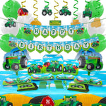 ALL IN ONE TABLEWARE AND DECORATIONS PACK - Contains Tractor Print 9" Dinner Plates - Tractor Print 7" Dessert Plates - Tractor Print Lunch Napkins - 108" x 54" Tractor Print Table Covers - Tractor Print Happy Birthday Banner - Green Balloons - White Balloons - Green Spoons - Green Forks - Large Tractor Mylar Balloons - Double Printed Tractor Cutouts - Green Single Swirls - Yellow Single Swirls - Glue Dots.