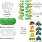 TRACTOR PARTY DECORATIONS - Contains: (10) Green Balloons - (10) White Balloons - (8) Double Printed Cutouts (Tractor Shape, Barn House Shape, Haystacks Shape, and Rectangular Happy Birthday) - (4) Green Single Swirls - (4) Yellow Single Swirls - (3) Green Double Swirls - (3) Yellow Double Swirls - (40) Glue Dots.