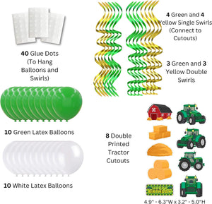 TRACTOR PARTY DECORATIONS - Contains: (10) Green Balloons - (10) White Balloons - (8) Double Printed Cutouts (Tractor Shape, Barn House Shape, Haystacks Shape, and Rectangular Happy Birthday) - (4) Green Single Swirls - (4) Yellow Single Swirls - (3) Green Double Swirls - (3) Yellow Double Swirls - (40) Glue Dots.