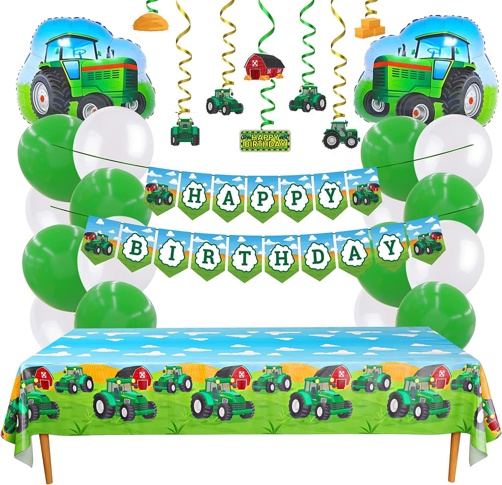 ALL IN ONE TRACTOR PARTY DECORATIONS - Contains: Large Tractor Shape Mylar Balloons - Green Balloons - White Balloons - Large Tractor Print Plastic Table Covers - Tractor Print Happy Birthday Banner - Tractor Shape Double Printed Cutouts - Green Single Swirls - Yellow Single Swirls - Green Double Swirls - Yellow Double Swirls - Glue Dots.