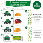 SWIRLS AND CUTOUTS - Contains: 16pcs Double Printed Cutouts (Tractor Shapes, Barn House Shape, Haystacks Shapes, and Rectagular Happy Birthday) - (8) Green Single Swirls - (8) Yellow Single Swirls - (7) Green Double Swirls - (7) Yellow Double Swirls.