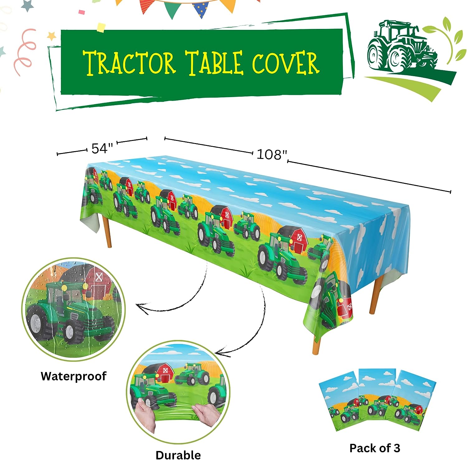 Tractor Print Plastic Table Covers - Waterproof, Durable, Pack of 3