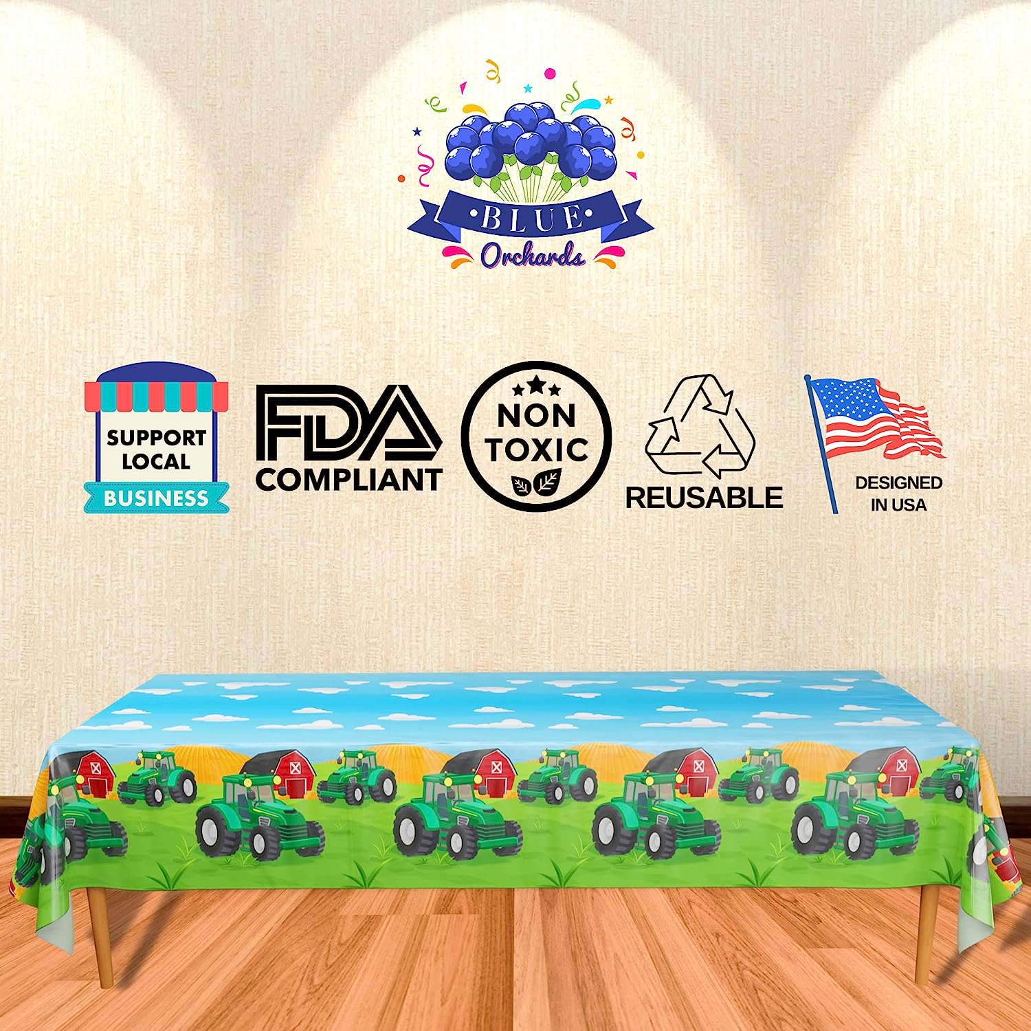 Tractor Print Plastic Table Covers - Support Local Busines, FDA Compliant, Non Toxic, Reusable, Designged in USa
