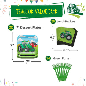 Tractor Value Pack - include 20 7-inch paper dessert plates, 20 paper lunch napkins and plastic forks.