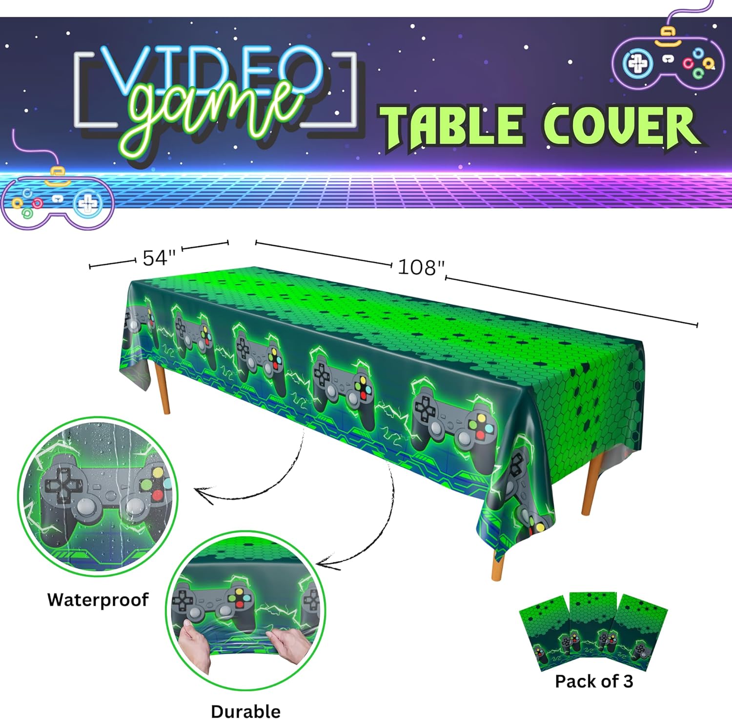 Video Game Table Cover (Neon Green) - Pack of 3-54"x108" XL