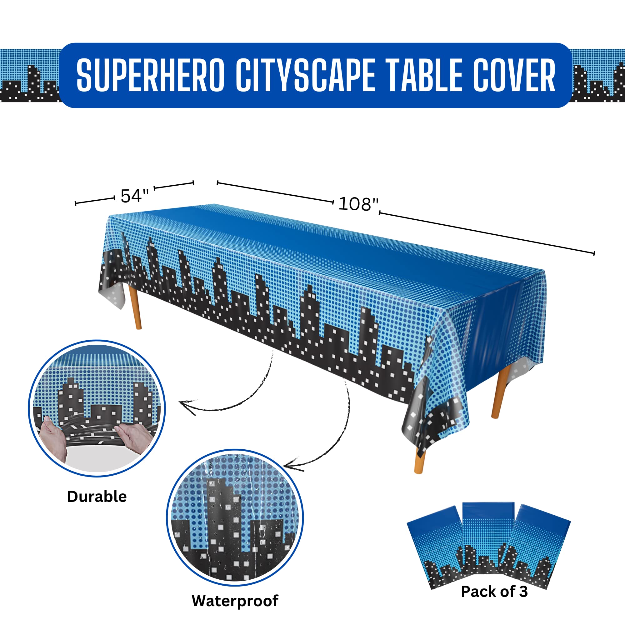 Superhero Cityscape Table Covers - 54in x 108in (3 Pack)