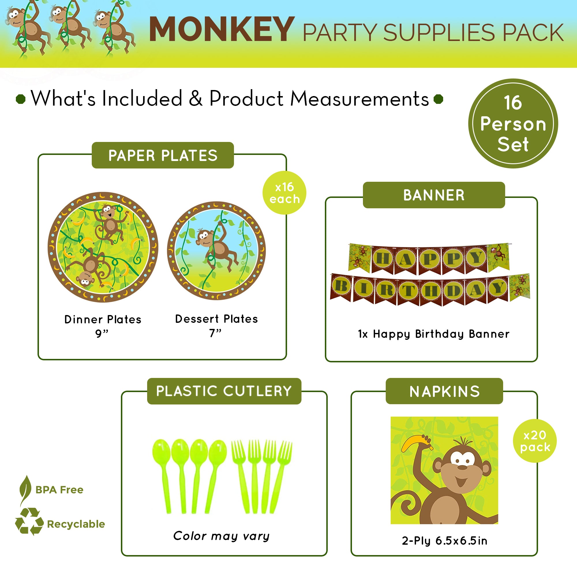 Monkey Party Supplies Packs (For 16 Guests)